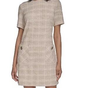 Halston Dress 10 Tweed Short Sleeve Pocket Gold Pink Beige Lined Midi NWT $144